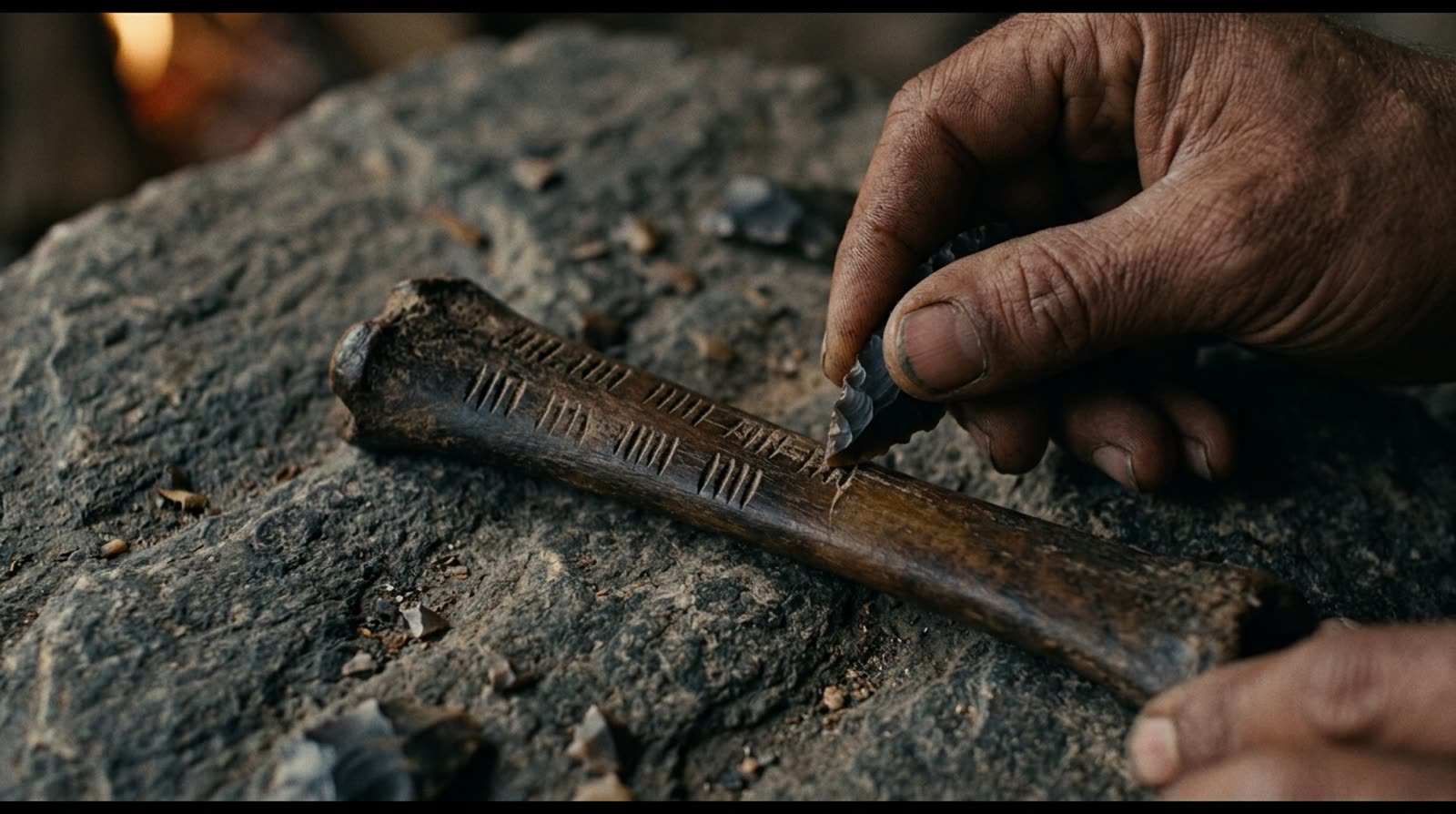 Mão segurando uma lasca de pedra e gravando riscos agrupados num osso escuro, sobre uma pedra